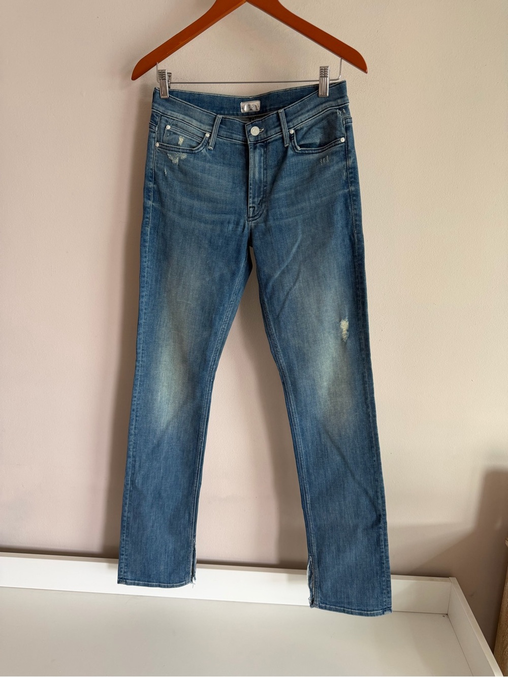 MOTHER Denim Medium Wash Distressed Straight Leg Side Slit Jeans Size 30